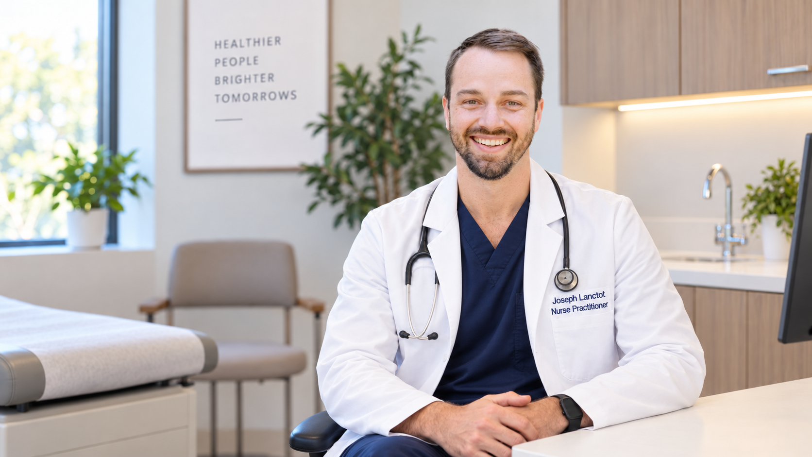 Joseph Lanctot, nurse practitioner, seated in a bright clinic